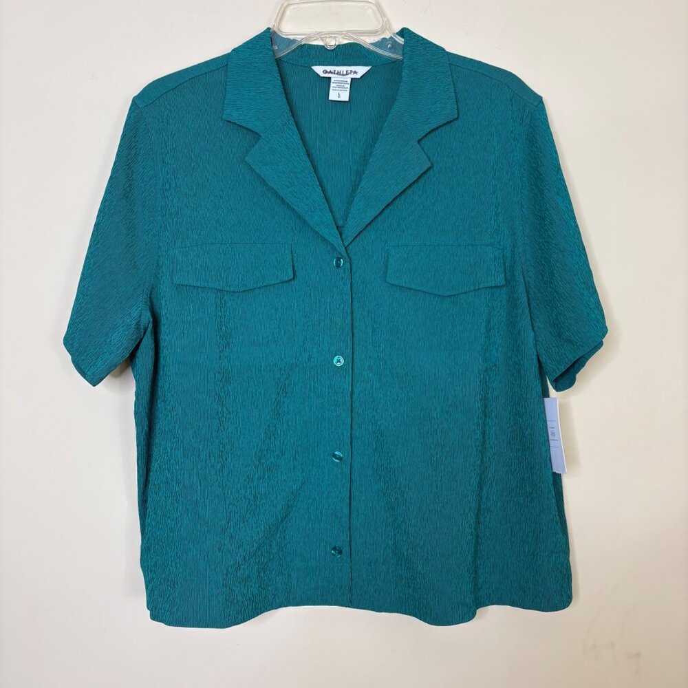 Athleta Womens Echo Top Teal Green Large Short Sleeve Button-Front Shirt New